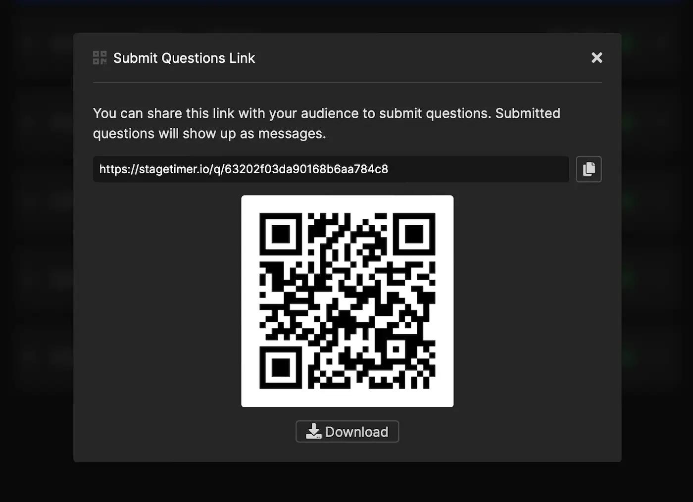 QR code and link for students to submit questions during class