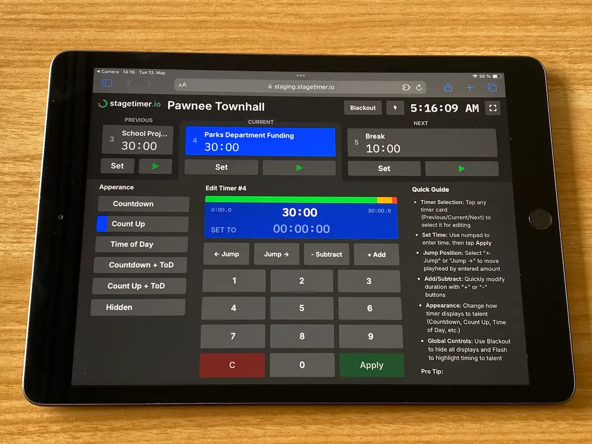 Operator interface with large control buttons for timing