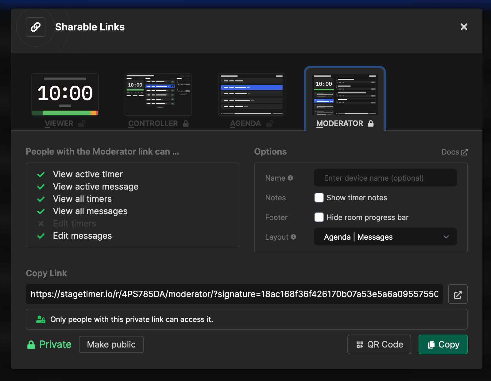 Shareable links on Stagetimer